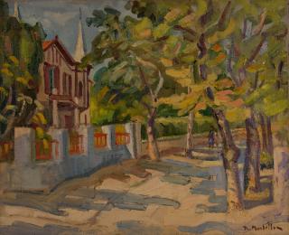Kissisia, Street Doubling Behind the Square — Oil painting, Canvas, 45.00×55.00cm — Theodoros Markellos
